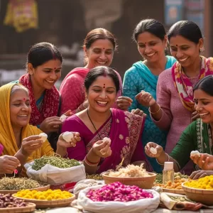 Diverse Indian women discovering natural Ayurvedic beauty products at a local market in India