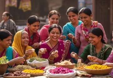 Diverse Indian women discovering natural Ayurvedic beauty products at a local market in India