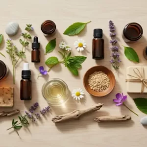 All natural health and beauty products on a wooden spa table