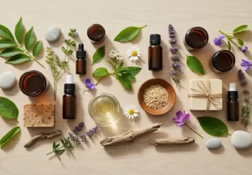 All natural health and beauty products on a wooden spa table